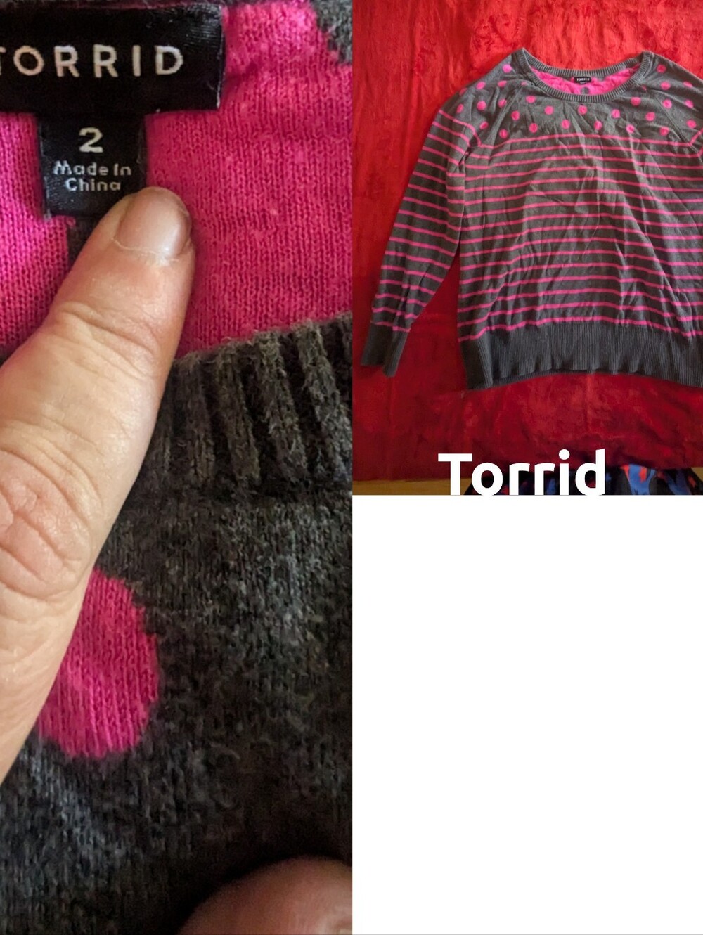 torrid Charcoal Sweater with Hot Pink Stripes and Dots